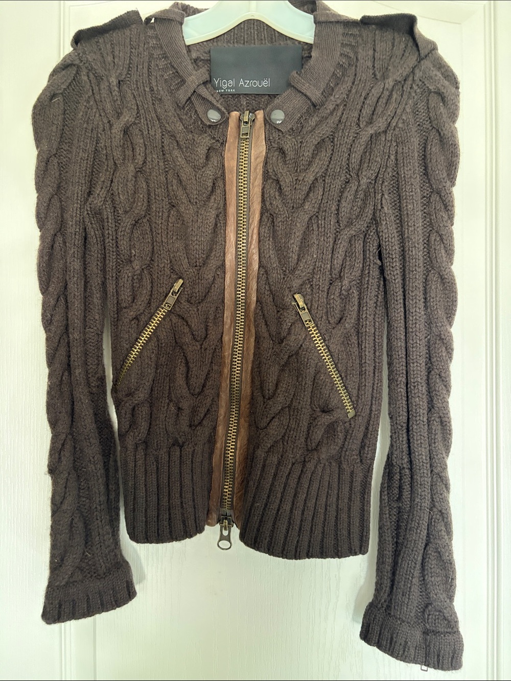 Yigal Azrouël 100% Wool Heavy Cable Knit Sweater Jacket Brown Leather Trim"